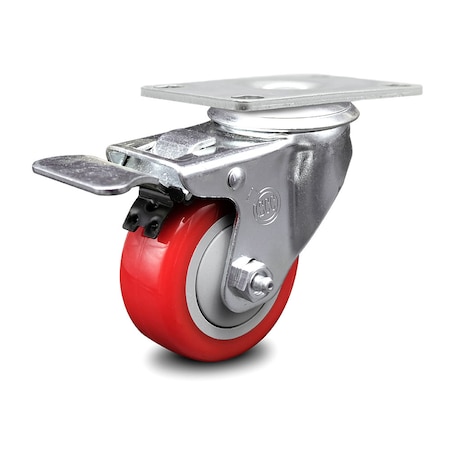 3 Inch Red Polyurethane Wheel Swivel Top Plate Caster With Total Lock Brake